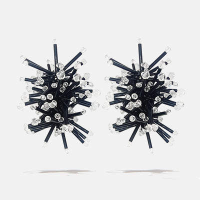 A black cluster floral inspired pair of crystal earrings with clear Czech crystal bicones tips, product viewed from the front