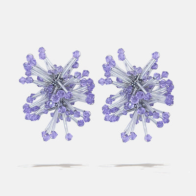 A silver cluster botanical inspired pair of crystal fantasy earrings with violet Czech crystal bicones tips, product viewed from the front