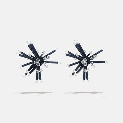 A black mini cluster floral inspired pair of crystal fantasy beads earrings with clear Czech crystal bicones tips, product viewed from the front