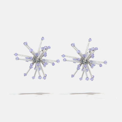 A silver small cluster floral inspired glass beads jewellery pair of crystal earrings with violet Czech crystal bicones tips, product viewed from the front