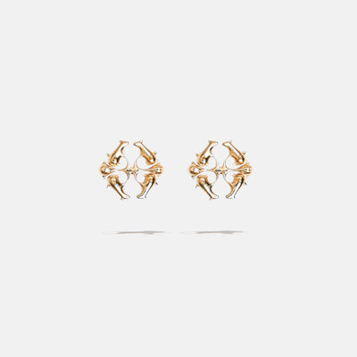 A gold coloured brass pair of logo stud fantasy earrings with floral inspired spikes, product viewed from the front