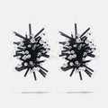 A black cluster floral inspired pair of crystal earrings with clear Czech crystal bicones tips, product viewed from the front