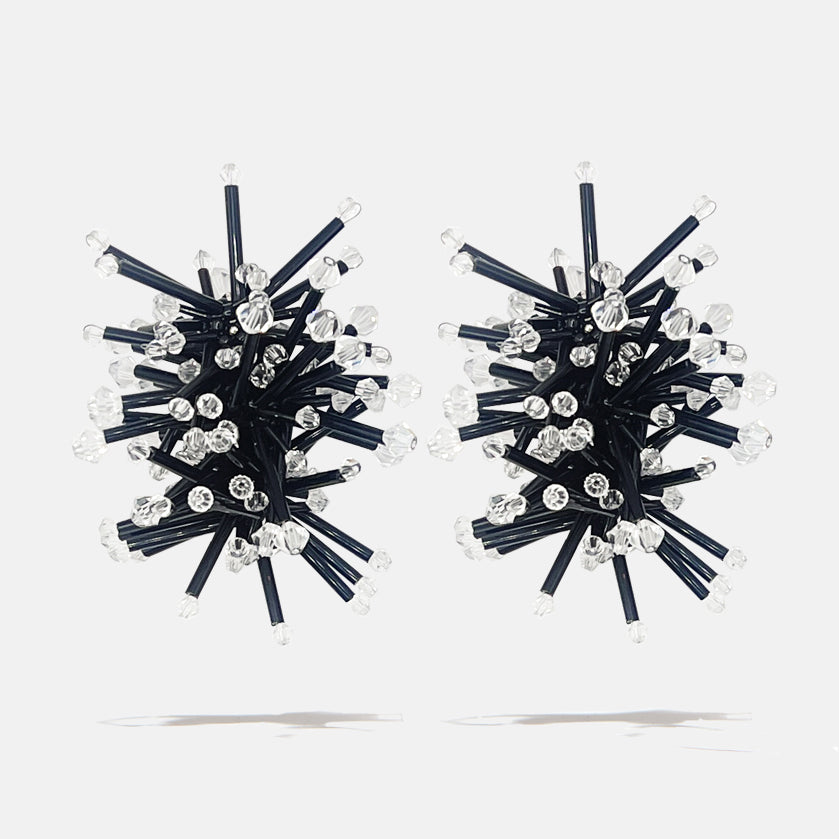 A black cluster floral inspired pair of crystal earrings with clear Czech crystal bicones tips, product viewed from the front
