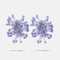 A silver cluster botanical inspired pair of crystal fantasy earrings with violet Czech crystal bicones tips, product viewed from the front