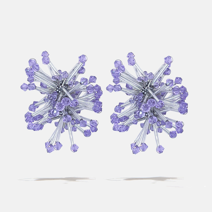 A silver cluster botanical inspired pair of crystal fantasy earrings with violet Czech crystal bicones tips, product viewed from the front