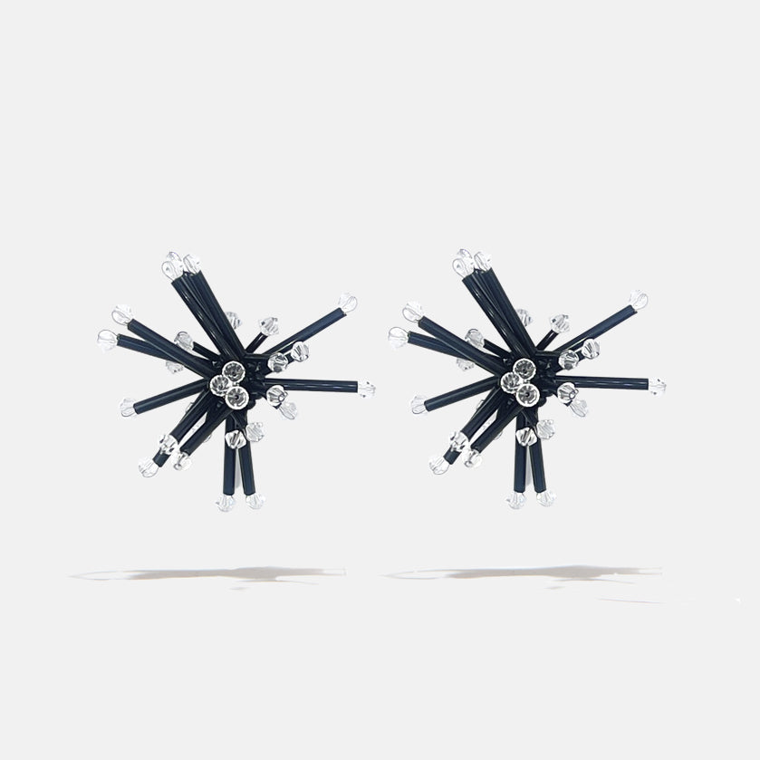 A black mini cluster floral inspired pair of crystal fantasy beads earrings with clear Czech crystal bicones tips, product viewed from the front