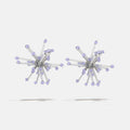 A silver small cluster floral inspired glass beads jewellery pair of crystal earrings with violet Czech crystal bicones tips, product viewed from the front