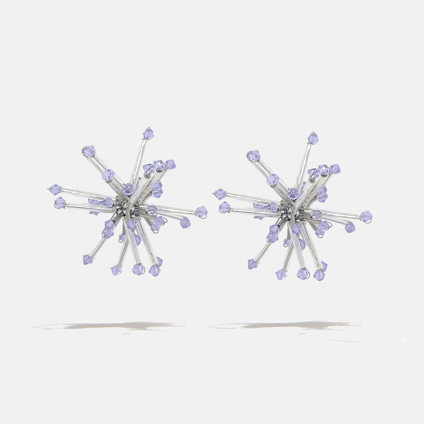 A silver small cluster floral inspired glass beads jewellery pair of crystal earrings with violet Czech crystal bicones tips, product viewed from the front