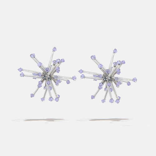 A silver small cluster floral inspired glass beads jewellery pair of crystal earrings with violet Czech crystal bicones tips, product viewed from the front