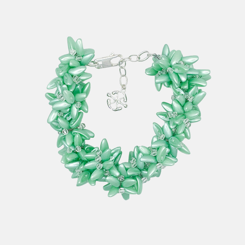A statement acid green fantasy beads bracelet with mat mint beads, product viewed from the front