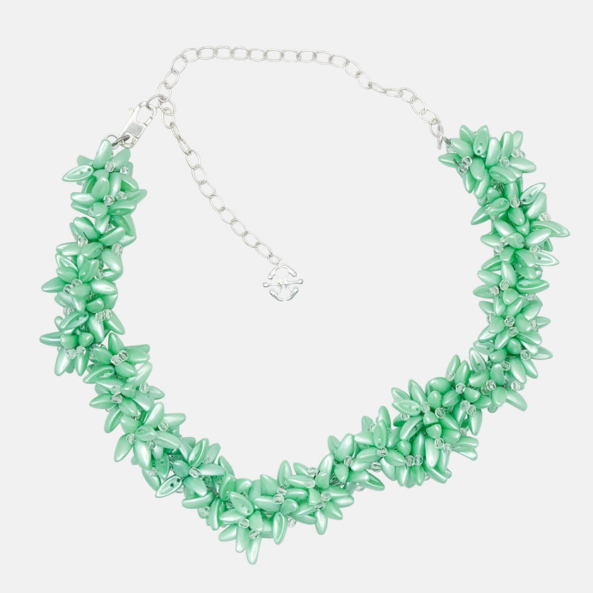 A statement acid green futuristic botanical necklace with mat mint beads, product viewed from the front