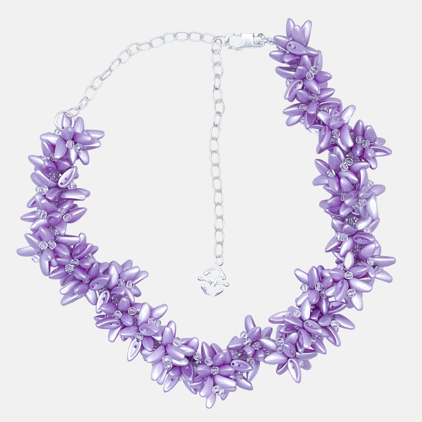 A statement acid purple futuristic botanical necklace with mat purple beads, product viewed from the front