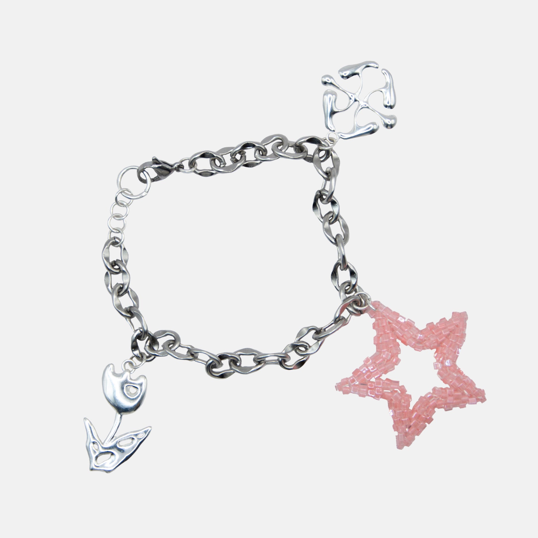 Silver bracelet with pink beaded star charm on a white background