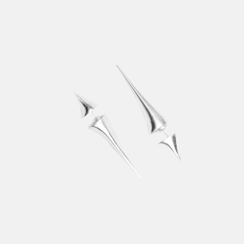 A brass silver coloured pair of XXL spikes stud fantasy earrings in pair, products viewed from the front