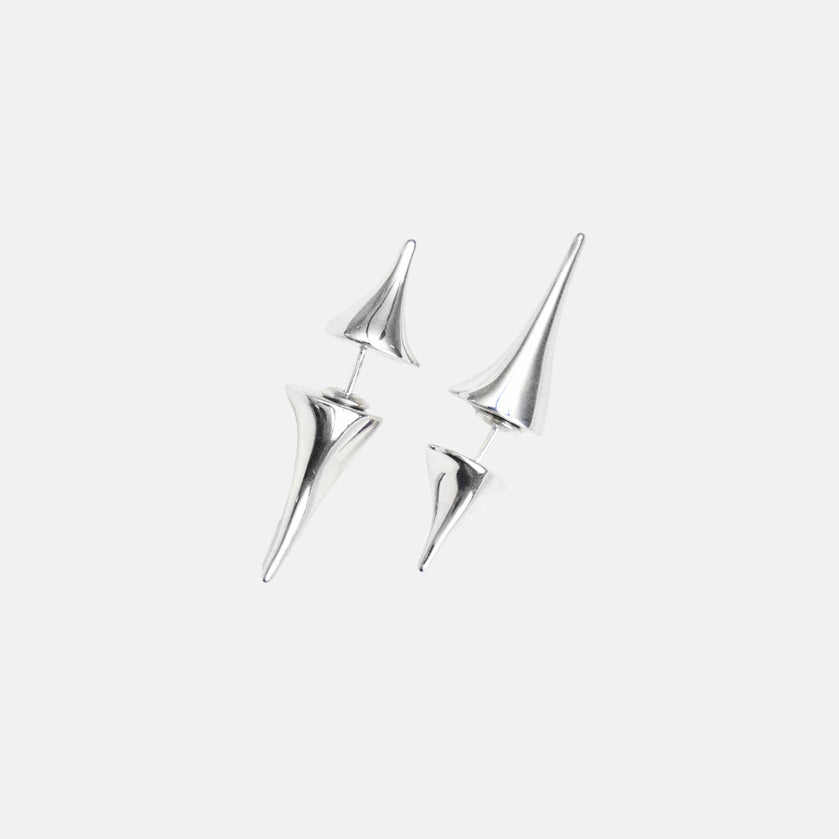 A brass silver coloured pair of spikes stud fantasy earrings in pair, products viewed from the front
