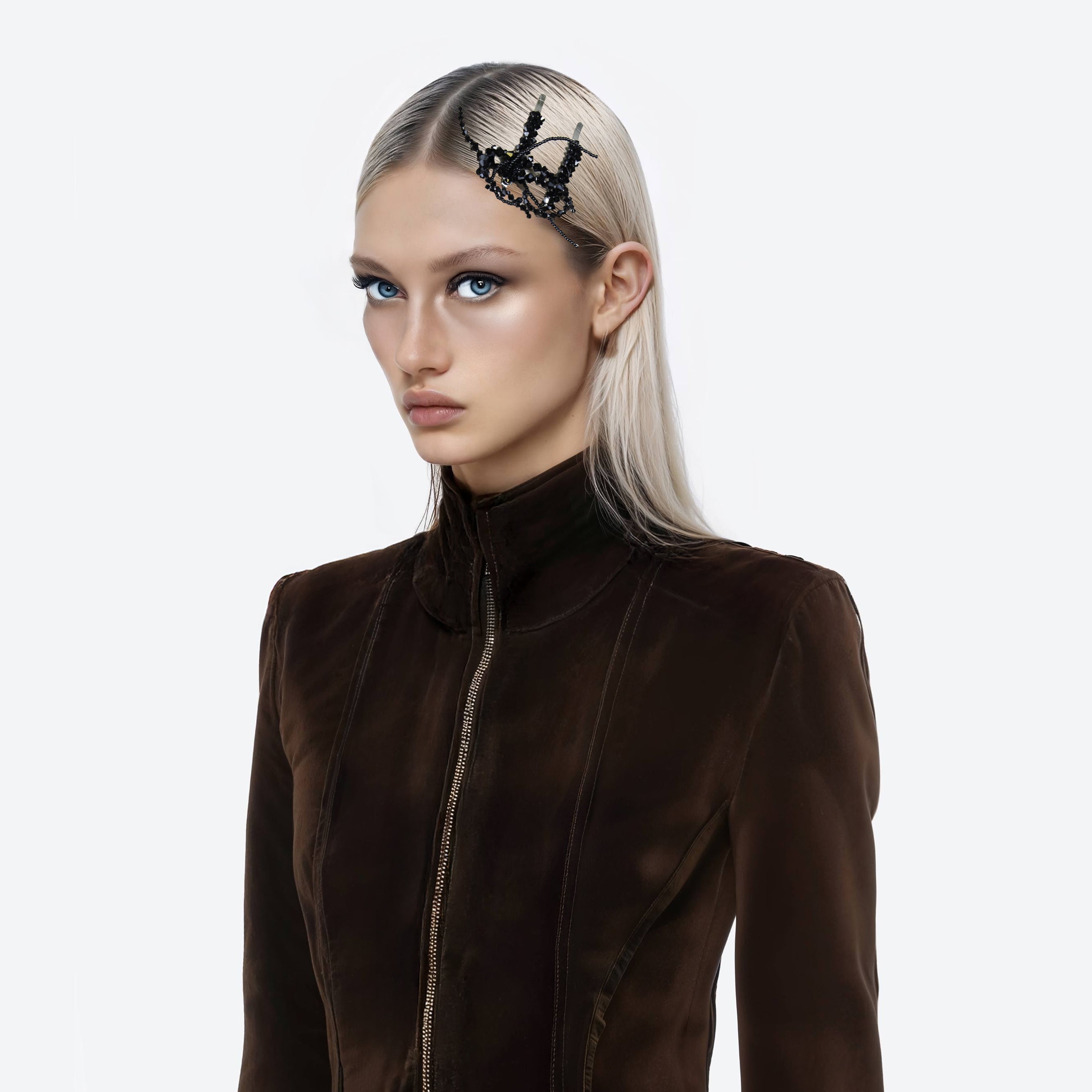 AI model wearing a set of beaded black hairclips